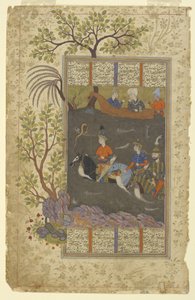 Kay Khusraw、Farangis 和 Giv 跨过 Jayhun，选自 Shahnama（国王之书），约 1590-1600 年（纸面墨水、不透明水彩和金色）。 作者 波斯学校