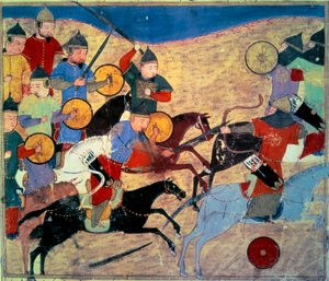 Noqai泄漏（Kara Nogai Khan（Noghai，Noqai，Nokhai，Nogay，成吉思汗的曾孙，卒于1299年）。蒙古骑兵。波斯手稿绘有“故事总和（Djame al-tavarikh）（Djame al-tavarikh）” ”（Folio 155v），由 Rachid al-Din Fazl 撰写 作者 波斯学校