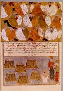 Mongolian tents and prisoners of Genghis Khan (1162-1227): Genghis Khan has the followers of Djamuqua, a Mongol of the Jadjirat tribe thrown into the cauldrons. Persian miniature taken from “” Jami al-tawarikh”” (Jami al tawarikh) or “” Universal History”” 作者 波斯学校