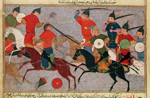 Pers.113 f.49成吉思汗（c.1162-1227）在战斗中，来自Rashid-al-Din（1247-1318）的书（水粉画）