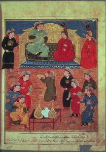 Supp女士。个人。 1113 fol.203v Arghan Khan与他的两个妻子和他的儿子Ghazan，来自Rashid ad-Din（1247-1318）的一本书 作者 波斯学校