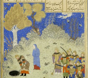 波斯语239 fol.180a详细信息：鲁斯塔姆从坑中救出B？zhan，从Shahnama（国王书）的插图中获救，由Abul-Qasim Mansur Firdawsi（c.934-c.1020），1444 作者 波斯学校