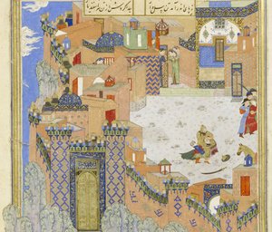 波斯语239 fol.278a详细信息：Isfandiy？r在Brazen Hold中杀死了Arj？sp，来自Shahnama（国王之书），Abul-Qasim Mansur Firdawsi（c.934-c.1020），1444 作者 波斯学校