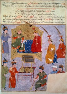 后拉古汗 (1217-1265) 的代表，他是成吉思汗波斯细密画的孙子，取自历史学家 Rashid al-din (al din) (1247-1318) 大约 1430 年。巴黎，BN 作者 波斯学校
