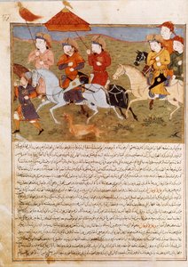 成吉思汗的孙子侯拉勾汗骑马的代表。 历史学家 Rashid al-din (al din) (1247-1318) 于 1430 年左右取自 Jami al-Tawarikh” (Jami al tawarikh) 或“普遍历史”的波斯缩影。巴黎，B.N. 作者 波斯学校