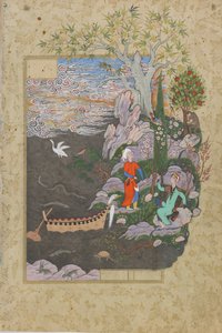 萨拉曼和阿布萨尔在快乐的小岛上休息，来自哈佛（七座宝座）的作品集由雅米（d.1492）拍摄，可能是马哈德，伊朗库拉桑，萨法维王朝，1556-1565（墨水，不透明水彩和黄金在p上 作者 波斯学校