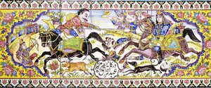 长长的cuerda seca瓷砖面板上的第二个漩涡花饰，描绘了狩猎和战斗场景，十九世纪 作者 波斯学校
