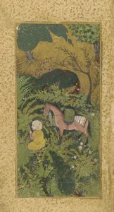 等待新郎与马在树木繁茂的小树林，可能大不里士，土库曼王朝，c.1500（不透明的水彩和纸上的黄金） 作者 波斯学校