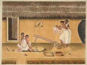 妇女用簸箕砻谷，约 1840 年（纸面水彩画） 作者 波斯学校