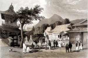 Hakodadi的首席寺庙，摘自《美国中队远征中国海域和日本记事》，由Sarony & Co.出版。 作者 彼得·伯恩哈德·威廉（后）海涅