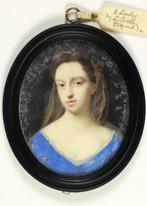 一位身穿蓝色紧身胸衣、带棕色兜帽的女士（牛皮纸上的水彩画）