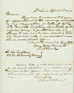 1862年9月22日，署名为P.E. Bland，圣路易斯，致密苏里州长H.R. Gamble的信 作者 彼得·E·布兰德