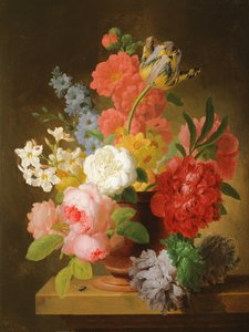 花静物画在大理石缸的