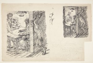 汉斯-马德森（Hans Madsen）神父的两张草稿，他被拇指吊起，聆听敌人的劝告 作者 彼得·汉森