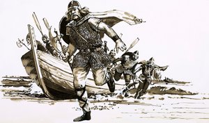 King Vortigern brought two barbarian chiefs - Hengest and Horsa - to Britain (gouache on paper) 作者 彼得·杰克逊