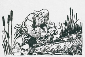 威尔士最伟大的吟游诗人塔利辛，1500 年前在一个帆船中被发现（石版画）