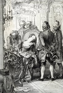 丹麦女王卡罗琳·玛蒂尔德 (Caroline-Mathilde) (1751-1775) 在 1772 年婚外冒险后被迫签署离婚文件（丹麦女王卡罗琳·玛蒂尔达于 1772 年 4 月因通奸而签署离婚文件）