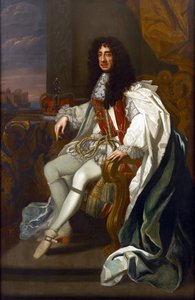 巴洛克风格:英国查理二世(1630-1685)的肖像，身穿吊袜带长袍，由彼得-莱利爵士(1618-1680)绘制。布面油画，213,5x140。私人收藏