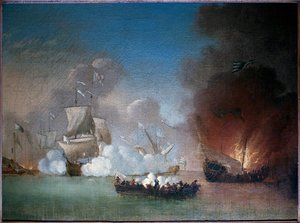 Naval battle between a Portuguese warship and prickly pirate galleys - Painting by Peter Monamy (active between 1681 and 1749), oil on canvas, circa 1685 (Naval action between a Portuguese man of War and a Number Of Barbary Pirate Galleys, by Peter Monamy,