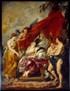 Louis XIII was born in Fontainebleau on 27 September 1601. His mother Marie de Medicis (Maria de Medici) sits on the throne and looks at the new ne. Painting by Pierre Paul (Pierre-Paul) Rubens (or Peter Paul or Petrus Paulus) (1577-1640) 作者 彼得·保罗·鲁本斯