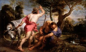 "" Mercury and Argus "" 墨丘利受宙斯指示让艾欧的守护者阿古斯入睡，赫拉 (Mercury and Argus) 将画作 Pieter Paul Rubens (1577-1640) 1636-1638 Dim 180x298 cm 普拉多博物馆，马德里 作者 彼得·保罗·鲁本斯