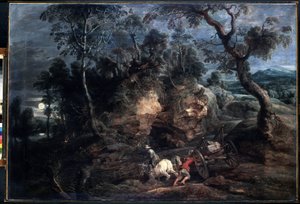 有石雕载体的风景。彼得-保罗（皮埃尔-保罗）-鲁本斯（或彼得-保罗或佩特鲁斯-保罗斯）（1577-1640 年）的画作。布面油画，86 x 126.5 厘米，约 1620 年，佛兰德艺术，巴洛克艺术。圣彼得堡冬宫博物馆。 作者 彼得·保罗·鲁本斯