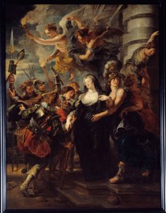 1619 年 2 月 21 日至 22 日晚，玛丽·德·美第奇斯 (Marie de Medicis) 王后 (1573-1642) 从布卢瓦城堡 (Chateau de Blois) 逃离。“母子之战”期间，流亡在布卢瓦 (Blois) 的法国王后逃往昂古莱姆 (Angouleme)。 手持火炬的天使引导女王走上正确的道路。 疼痛 作者 彼得·保罗·鲁本斯
