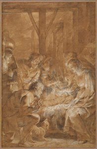 牧羊人的崇拜，c.1613-4（笔和棕色墨水，棕色水洗和白色水粉） 作者 彼得·保罗·鲁本斯