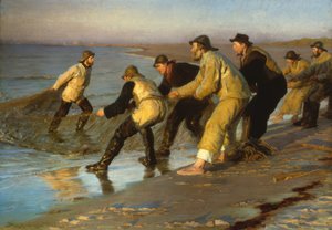 渔民在斯卡恩海滩上拉网 作者 Peder Severin Krøyer