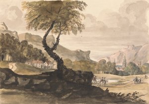 有村庄和骑手的丘陵场景 作者 彼得·蒂勒曼斯