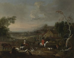 牧师杰米特·布朗（Jemmet Browne）在猎狐犬的聚会上，约1730年（布面油画） 作者 彼得·蒂勒曼斯