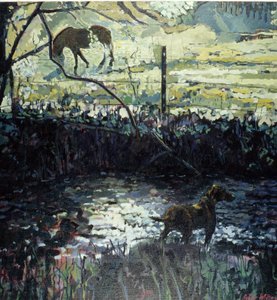 田野中的小马和狗，2000 年（布面油画）