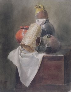 静物：胸部上的盆，篮和布（纸上石墨上的水彩画） 作者 彼得·德温特