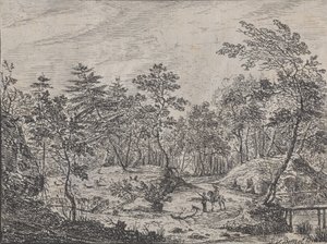 森林景观，中间是一个骑手在和一个男人对话，右边是一座天桥，1716年。 作者 彼得·冯·贝梅尔