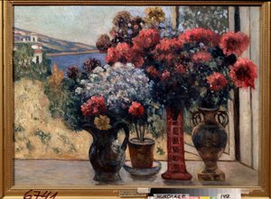 海边的花朵。彼得·伊万诺维奇·彼得罗维奇夫 (Pyotr Petrovichev) (1874-1947) 的绘画，布面油画