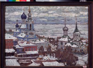 罗斯托夫（俄罗斯）的冬天。Oeuvre de Pyotr Ivanovich Petrovichev (Piotr Petrovitchev) (1874-1947), 纸板上的水粉和蛋彩画
