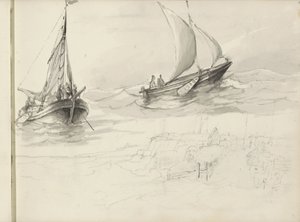 两艘帆船与海上人物 作者 Petrus Johannes Schotel (圈子)