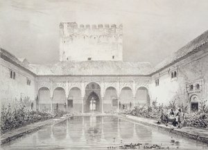 阿尔罕布拉宫的庭院中的游泳池和喷泉，来自&39;Grenade et de l&39;Alhambra的纪念品&39;的21号板，出版于1836-37