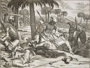 科斯特先生被辛加莱人谋杀》，锡兰斯里兰卡，出版。1672. 作者 菲利普·巴尔达乌斯