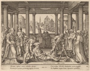 虔诚的人们抬着圣司提反下葬 作者 菲利普·加勒在 Maerten van Heemskerck 之后