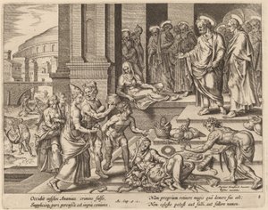 亚拿尼亚和撒非喇的死 作者 菲利普·加勒在 Maerten van Heemskerck 之后
