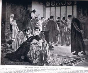 圣巴塞洛缪大屠杀期间的英国大使馆，来自“哈钦森国家历史”的插图 作者 菲利普·赫莫金斯·卡尔德隆