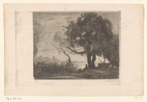 树下长笛演奏者的风景和城市的轮廓 晚报（原名） 作者 Camille Corot（艺术家签名）