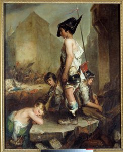 七月革命。"Les Trois Glorieuses: les petits patriotes "巴黎街垒上的年轻叛乱者。菲利普-奥古斯特-让隆（1809-1877）的画作，1830年卡昂。美术博物馆