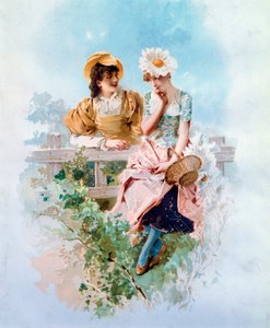 信心 两个年轻女孩窃窃私语。 菲利普·雅克·林德 (Philippe Jacques Linder) 的石版画 (1835-?) 19 世纪私人收藏