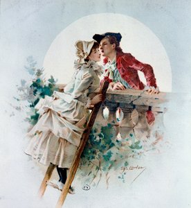 温柔的亲吻勇敢的场景，代表一对情侣在月光下接吻。 菲利普·雅克·林德 (Philippe Jacques Linder) 的石版画 (1835-?) 19 世纪私人收藏