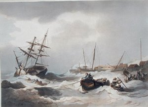 马盖特附近的风暴，来自《英格兰和威尔士的浪漫和风景》，1805年出版（彩色雕刻）。