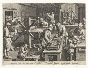 铜版画制作
Scvlptvra in aes（物品标题）
新发明和新发现（系列名称）
Nova Reperta（系列标题） 作者 飞利浦加勒（归属于车间）