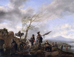 广阔的河道景观，士兵和标准持票人为马浇水， 作者 飞利浦Wouwerman