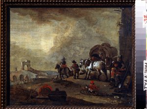 途中的旅行者菲利浦斯-乌尔曼（1619-1668 年）的画作。布面油画，33.5 x 41.5 厘米。弗拉芒艺术，巴洛克风格。俄罗斯图拉（或托兰）国家艺术博物馆。